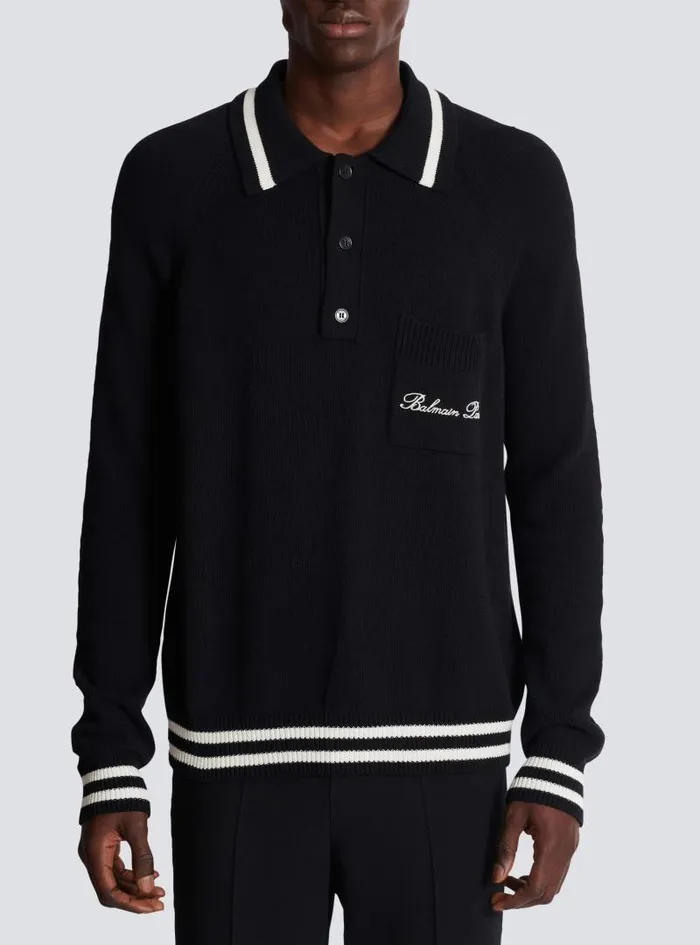 Balmain Knitwear Men Longsleeved Wool Polo Shirt With Embroidery Black