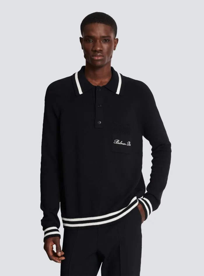 Balmain Knitwear Men Longsleeved Wool Polo Shirt With Embroidery Black