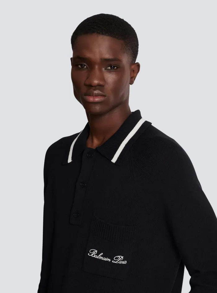 Balmain Knitwear Men Longsleeved Wool Polo Shirt With Embroidery Black