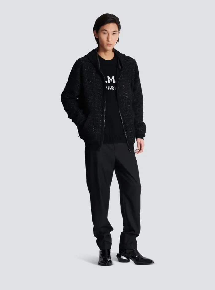 Balmain Knitwear Men Tweed Hooded Jacket Black