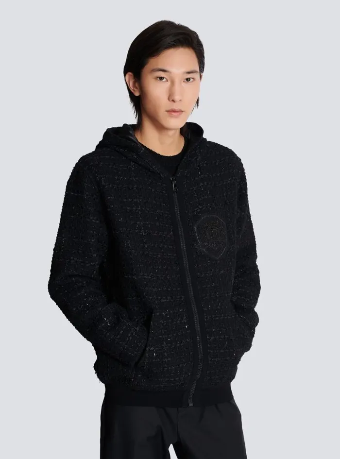 Balmain Knitwear Men Tweed Hooded Jacket Black