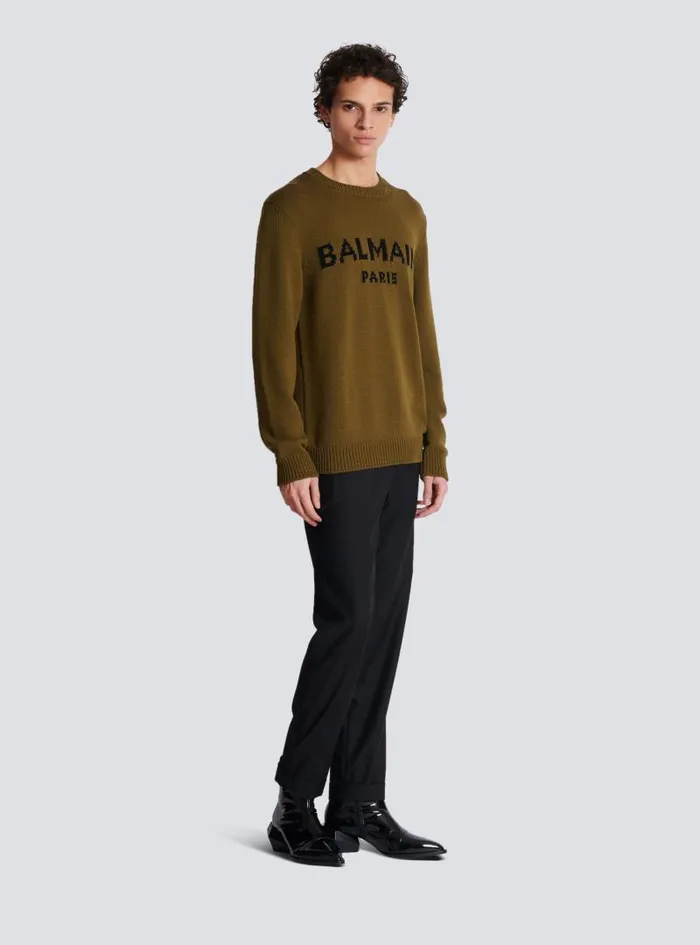 Balmain Knitwear Men Wool Paris Jumper Khaki