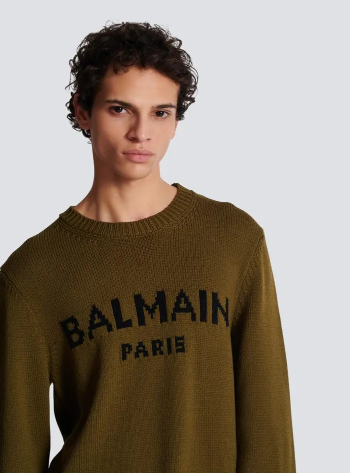 Balmain Knitwear Men Wool Paris Jumper Khaki