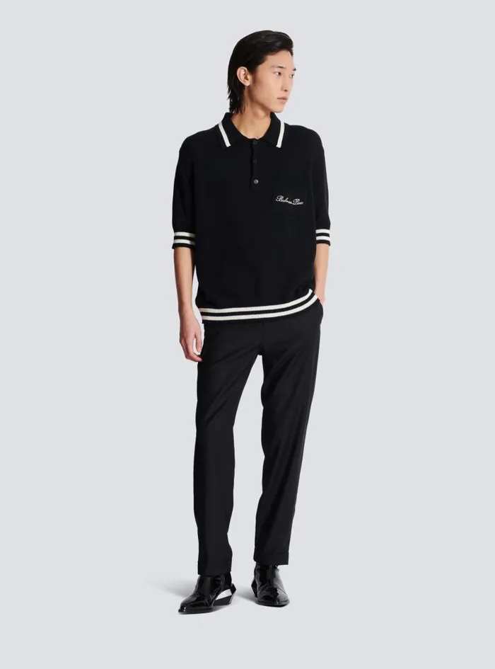 Balmain Knitwear Men Wool Polo Shirt With Signature Embroidery Black