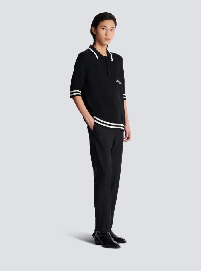 Balmain Knitwear Men Wool Polo Shirt With Signature Embroidery Black