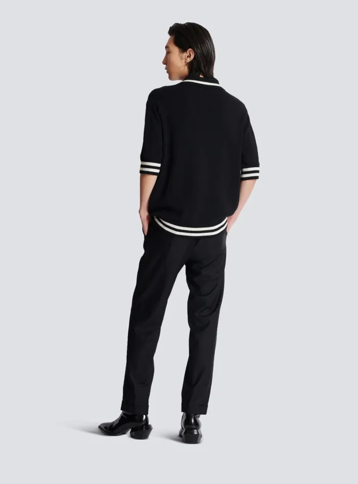 Balmain Knitwear Men Wool Polo Shirt With Signature Embroidery Black