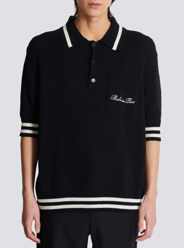 Balmain Knitwear Men Wool Polo Shirt With Signature Embroidery Black