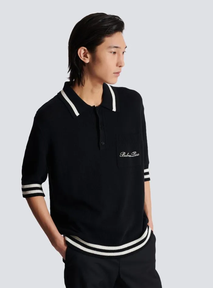 Balmain Knitwear Men Wool Polo Shirt With Signature Embroidery Black