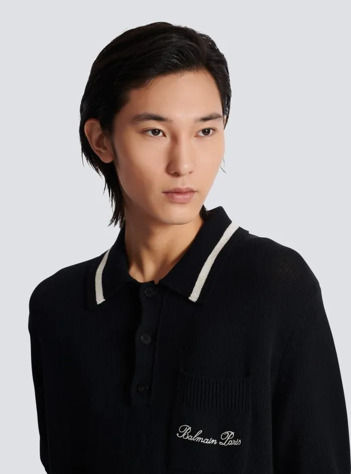 Balmain Knitwear Men Wool Polo Shirt With Signature Embroidery Black