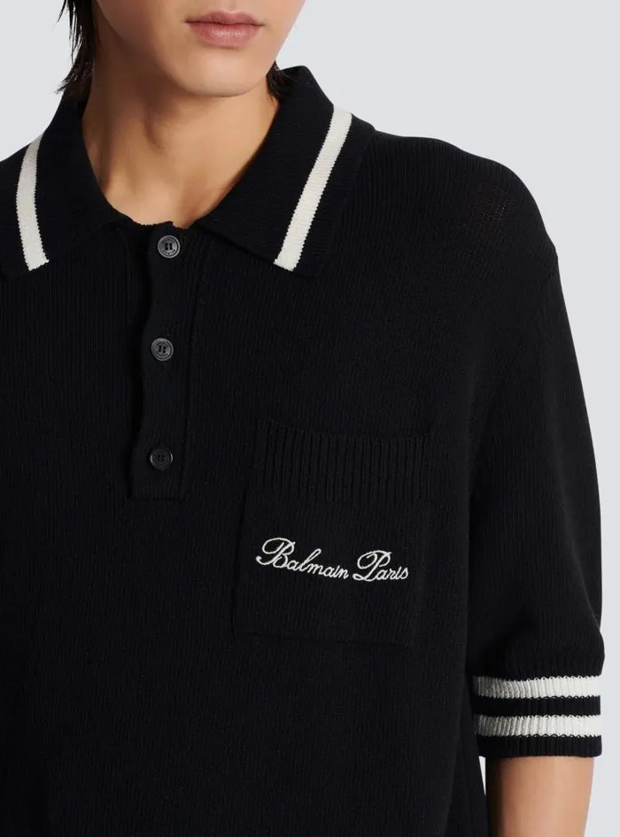 Balmain Knitwear Men Wool Polo Shirt With Signature Embroidery Black