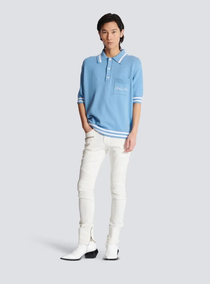 Balmain Knitwear Men Wool Polo Shirt With Signature Embroidery Blue