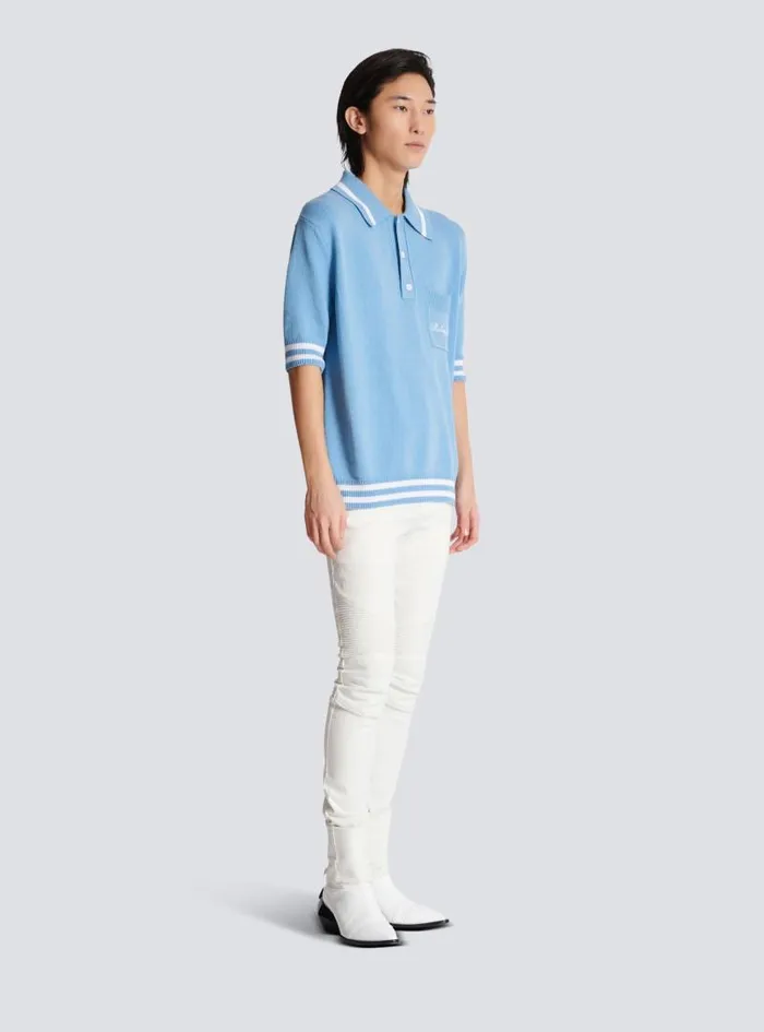 Balmain Knitwear Men Wool Polo Shirt With Signature Embroidery Blue