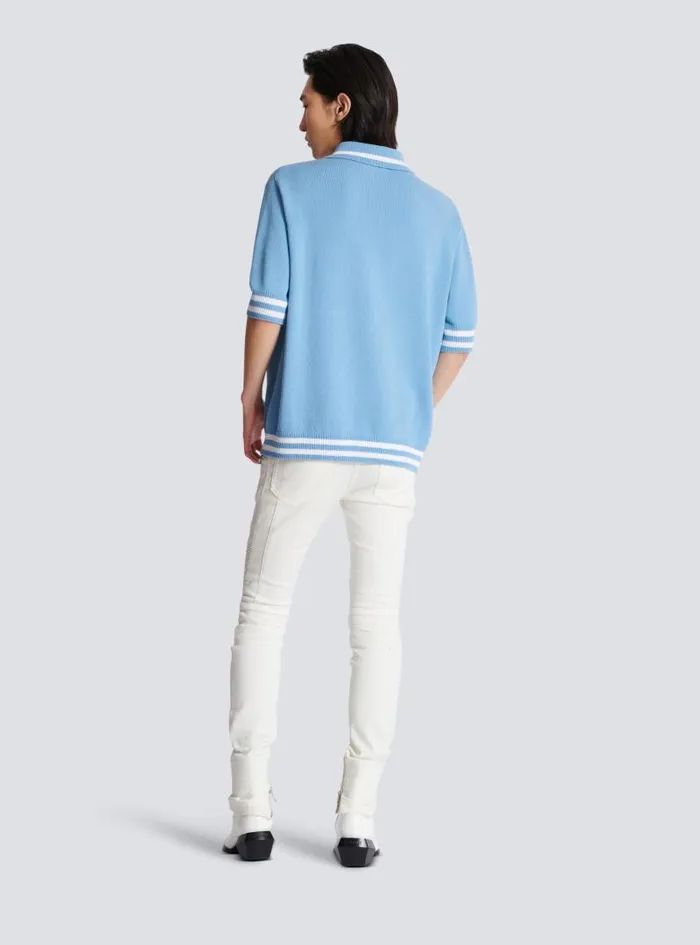 Balmain Knitwear Men Wool Polo Shirt With Signature Embroidery Blue
