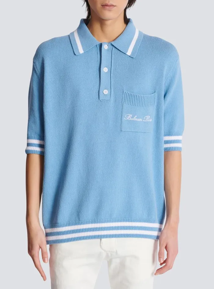 Balmain Knitwear Men Wool Polo Shirt With Signature Embroidery Blue
