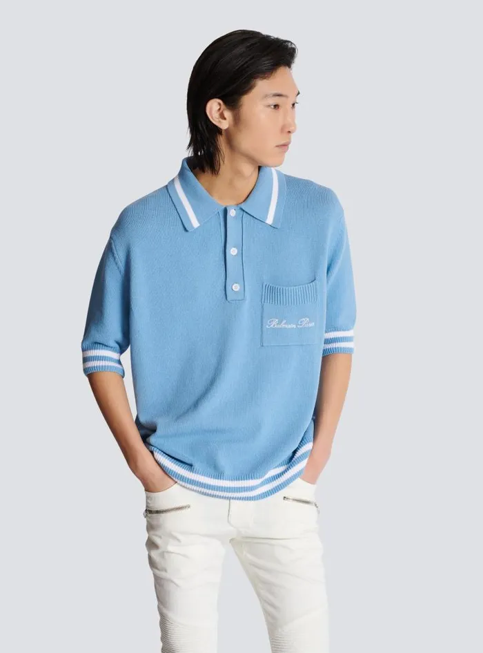 Balmain Knitwear Men Wool Polo Shirt With Signature Embroidery Blue