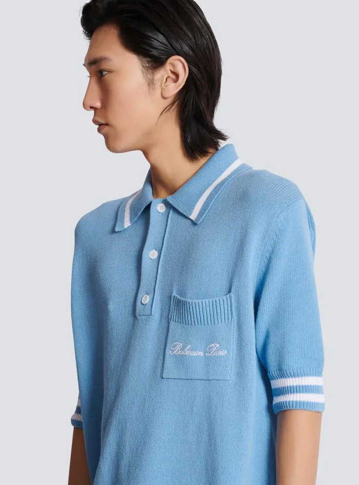 Balmain Knitwear Men Wool Polo Shirt With Signature Embroidery Blue