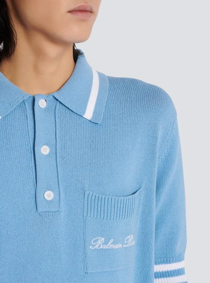 Balmain Knitwear Men Wool Polo Shirt With Signature Embroidery Blue