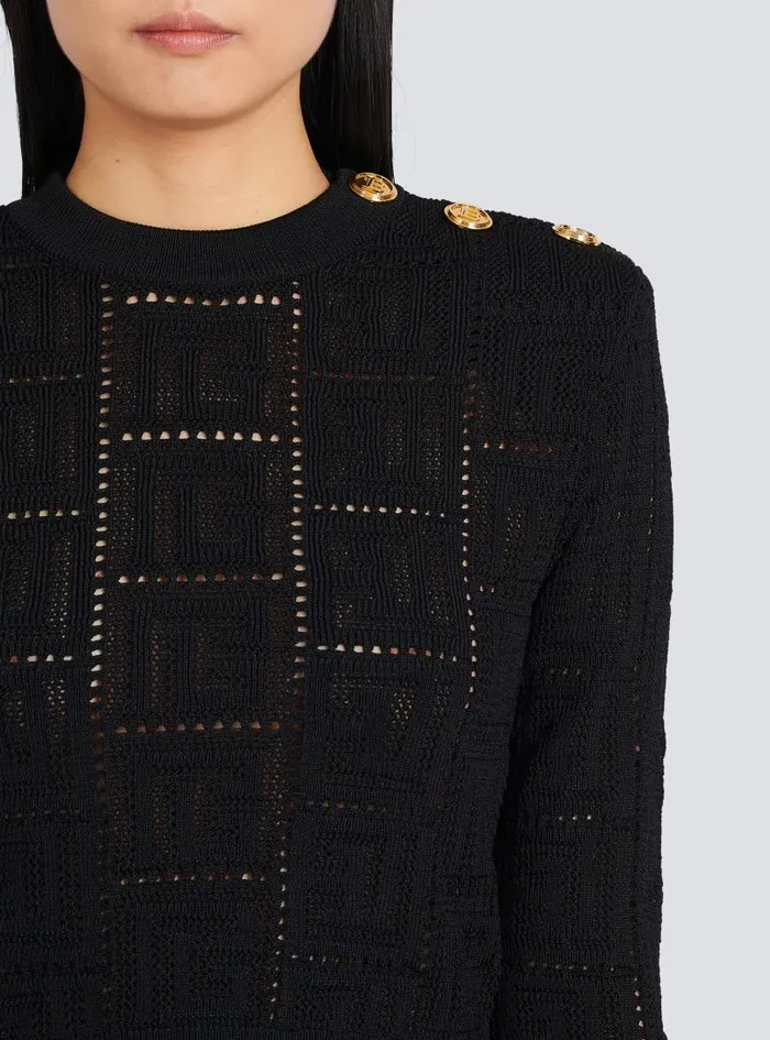 Balmain Knitwear Women Cropped Ecodesigned Sweater With Monogram Black