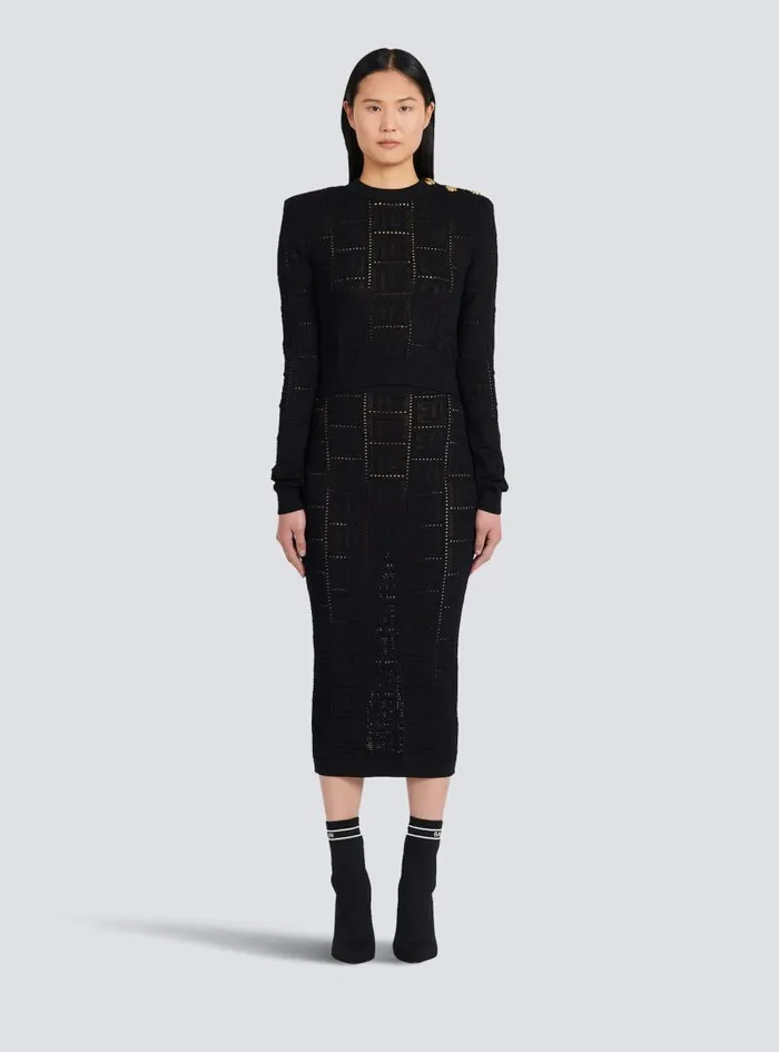 Balmain Knitwear Women Cropped Ecodesigned Sweater With Monogram Black