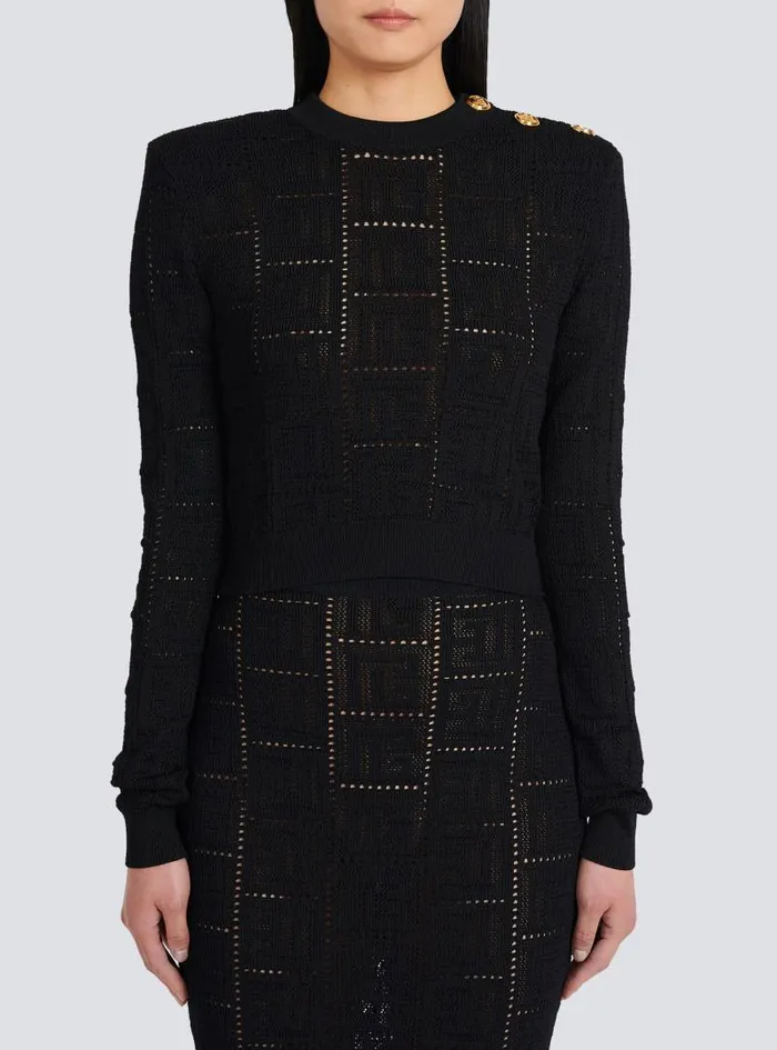 Balmain Knitwear Women Cropped Ecodesigned Sweater With Monogram Black