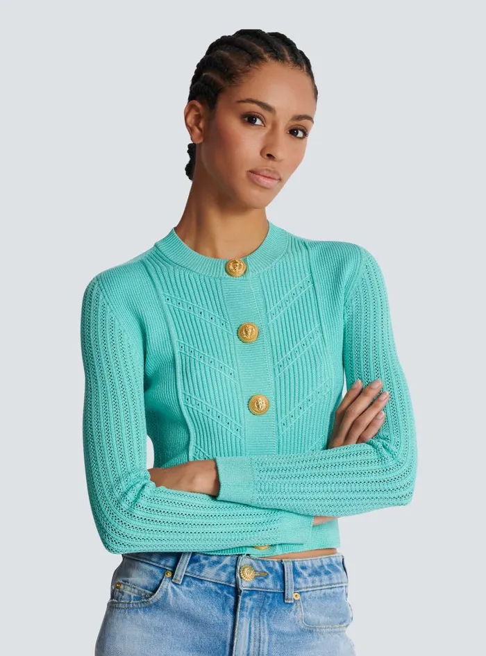 Balmain Knitwear Women Cropped Knit Cardigan Blue