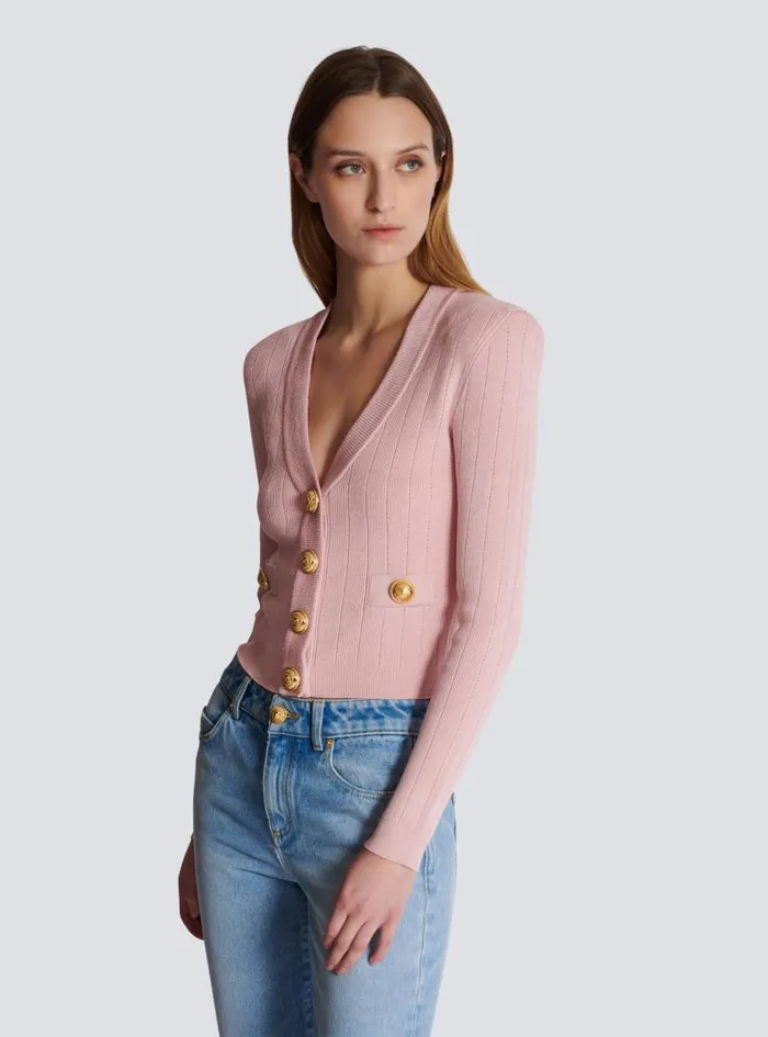Balmain Knitwear Women Cropped Knit Cardigan Pink
