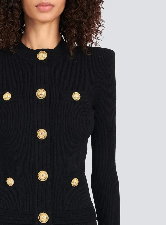 Balmain Knitwear Women Cropped Knit Cardigan With Goldtone Buttons Black