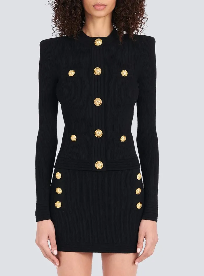 Balmain Knitwear Women Cropped Knit Cardigan With Goldtone Buttons Black