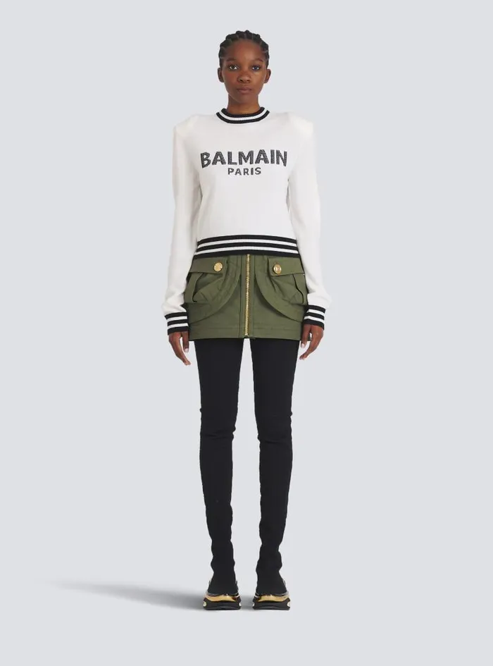 Balmain Knitwear Women Cropped Wool Sweatshirt With Logo White