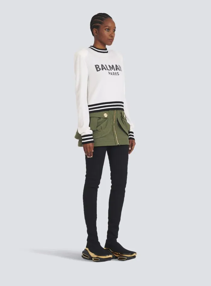 Balmain Knitwear Women Cropped Wool Sweatshirt With Logo White