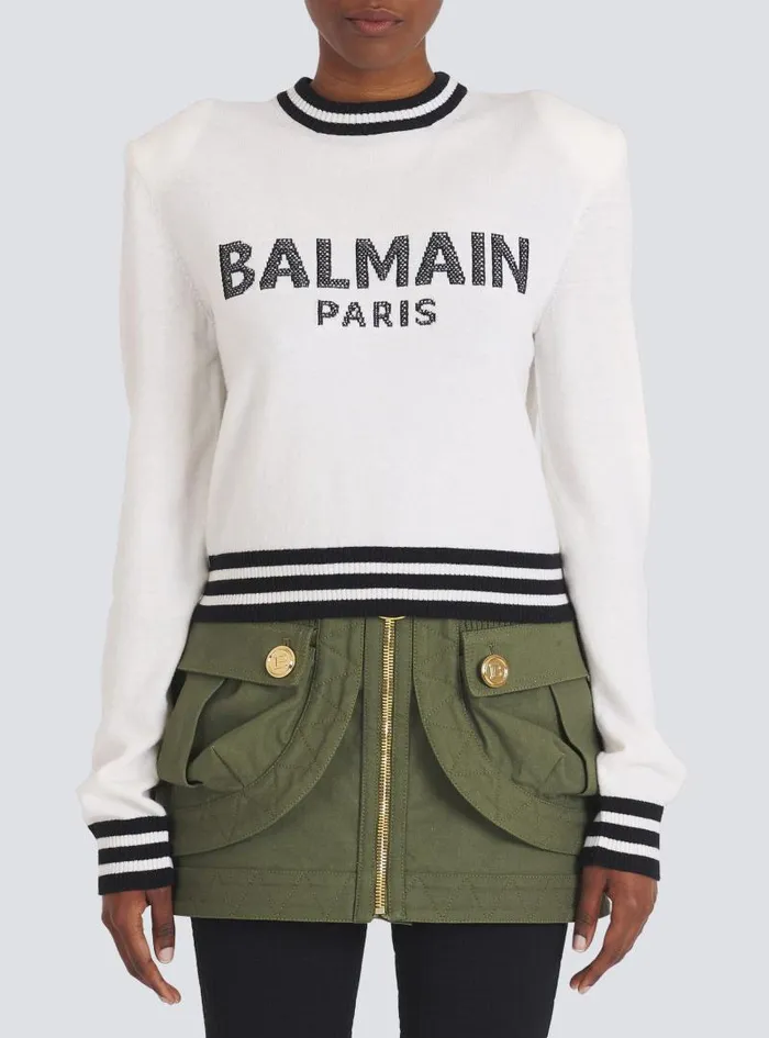 Balmain Knitwear Women Cropped Wool Sweatshirt With Logo White