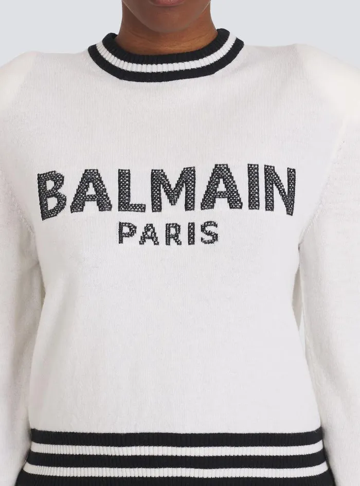 Balmain Knitwear Women Cropped Wool Sweatshirt With Logo White