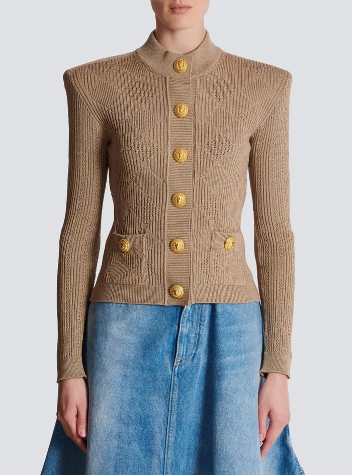 Balmain Knitwear Women Gingham Openwork Knit Cardigan Beige