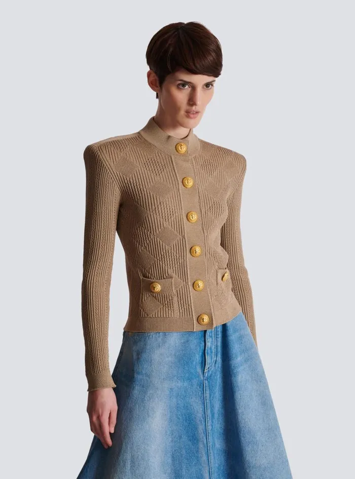 Balmain Knitwear Women Gingham Openwork Knit Cardigan Beige