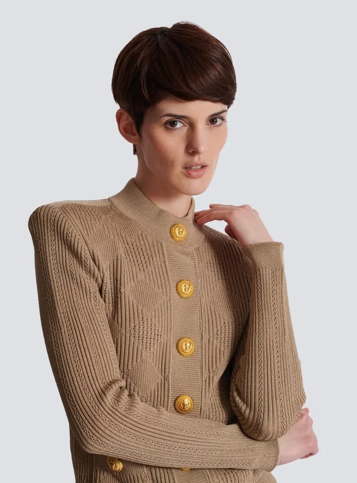 Balmain Knitwear Women Gingham Openwork Knit Cardigan Beige