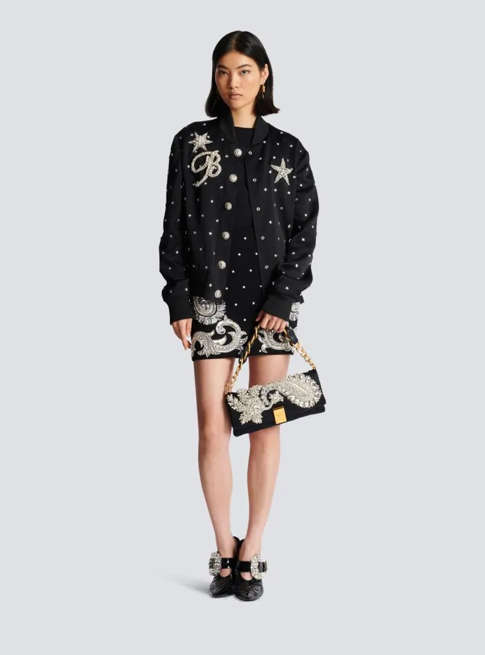Balmain Mini Bags Women 1945 Soft Embroidered Satin Clutch Black