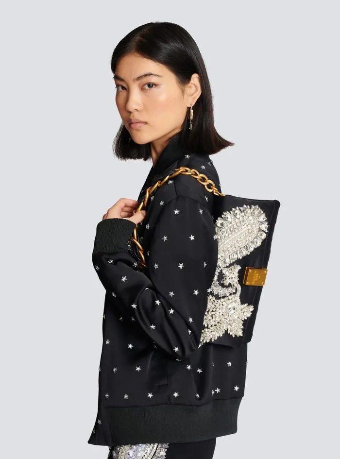Balmain Mini Bags Women 1945 Soft Embroidered Satin Clutch Black