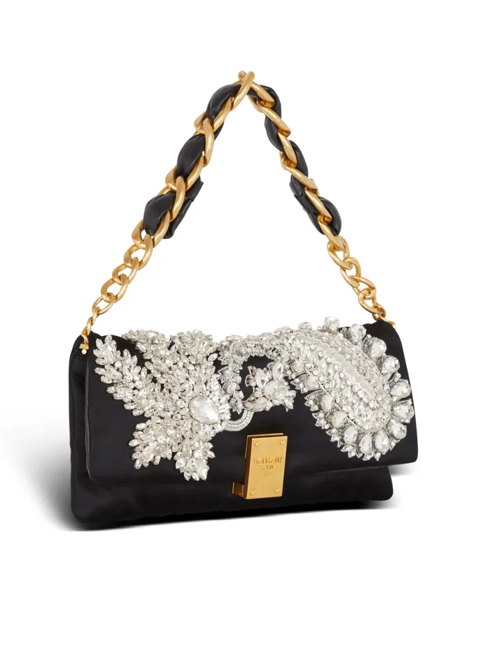 Balmain Mini Bags Women 1945 Soft Embroidered Satin Clutch Black
