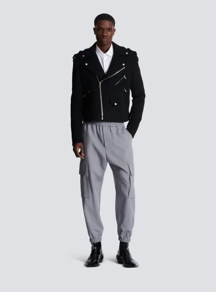 Balmain Outerwear Men Biker Jacket In Felted Wool Black