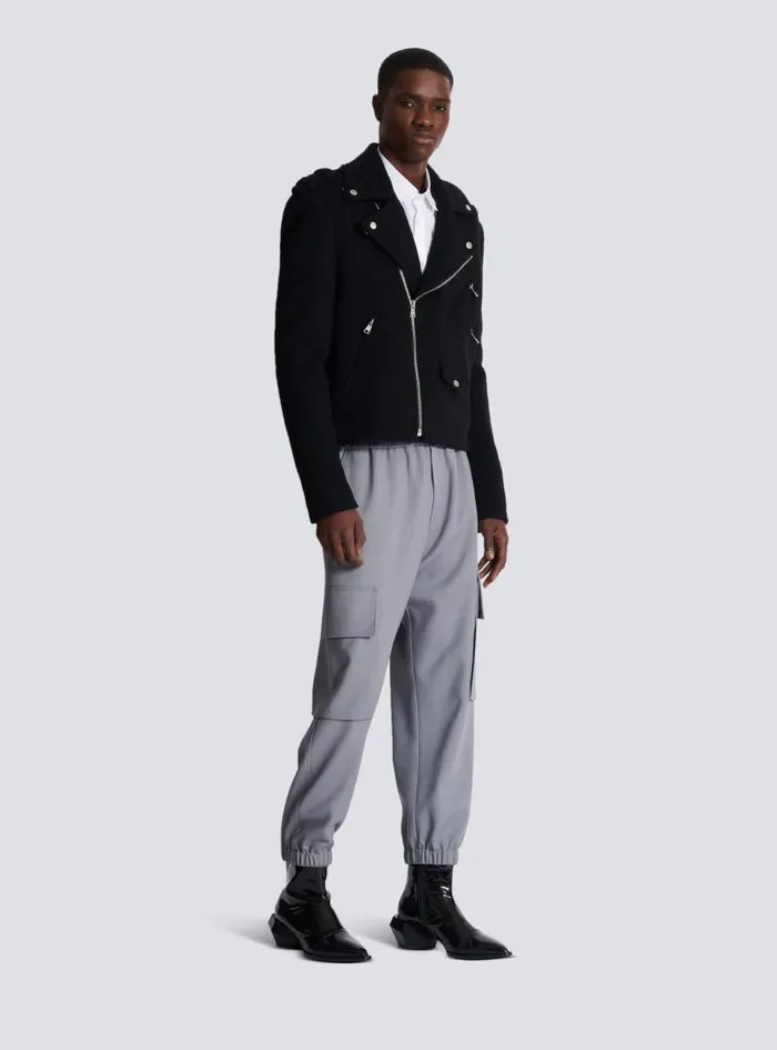 Balmain Outerwear Men Biker Jacket In Felted Wool Black