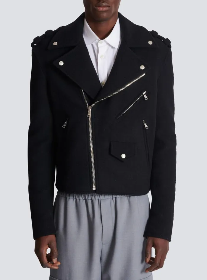 Balmain Outerwear Men Biker Jacket In Felted Wool Black