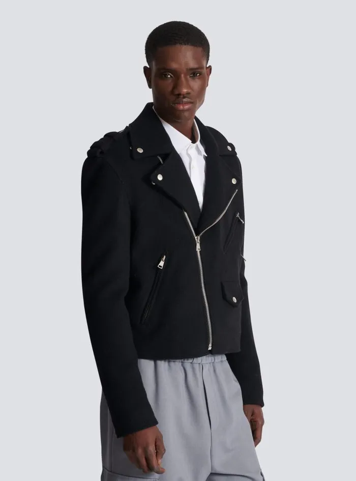 Balmain Outerwear Men Biker Jacket In Felted Wool Black