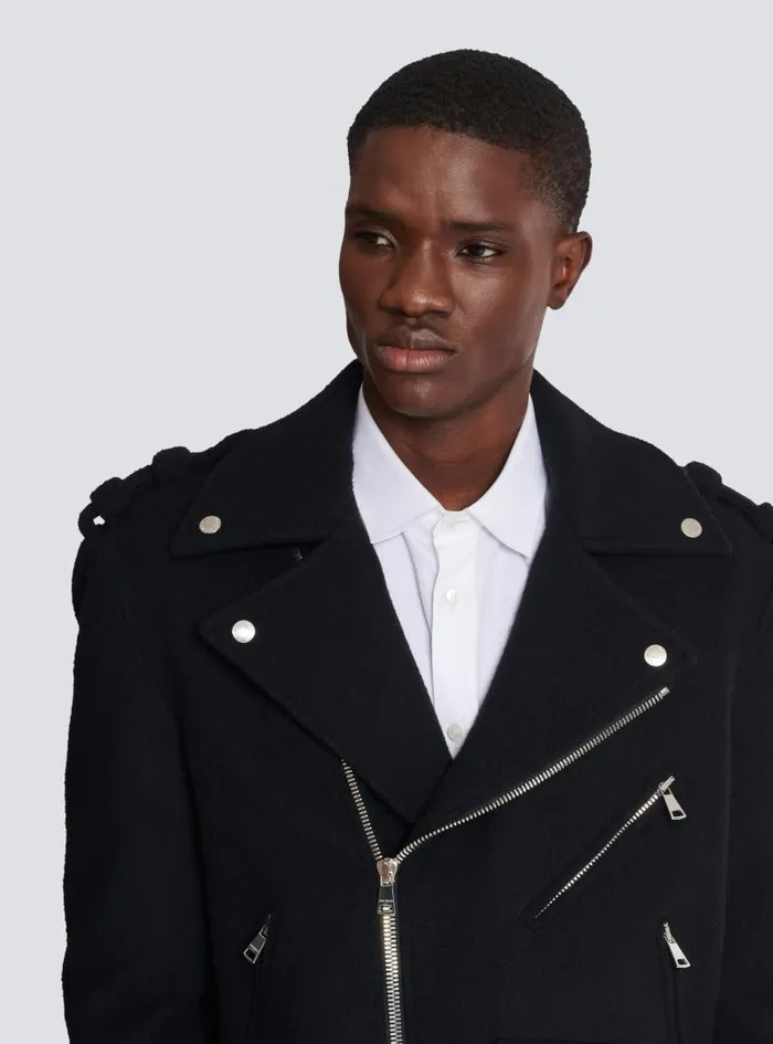 Balmain Outerwear Men Biker Jacket In Felted Wool Black