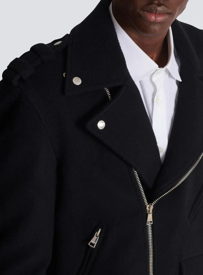 Balmain Outerwear Men Biker Jacket In Felted Wool Black