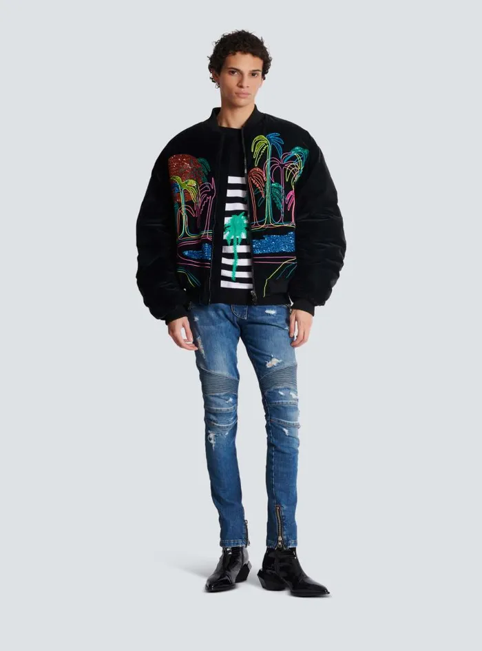 Balmain Outerwear Men Bomber Jacket With Palm Tree Embroidery Black