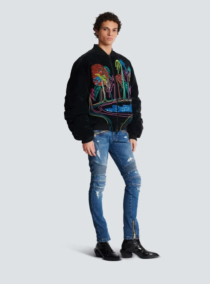 Balmain Outerwear Men Bomber Jacket With Palm Tree Embroidery Black