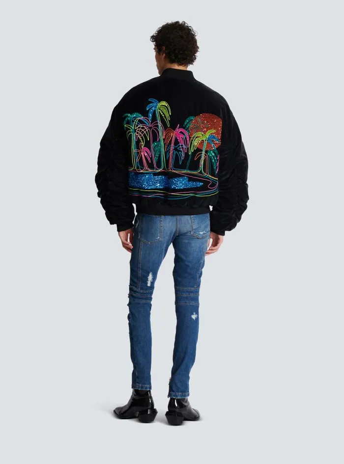 Balmain Outerwear Men Bomber Jacket With Palm Tree Embroidery Black