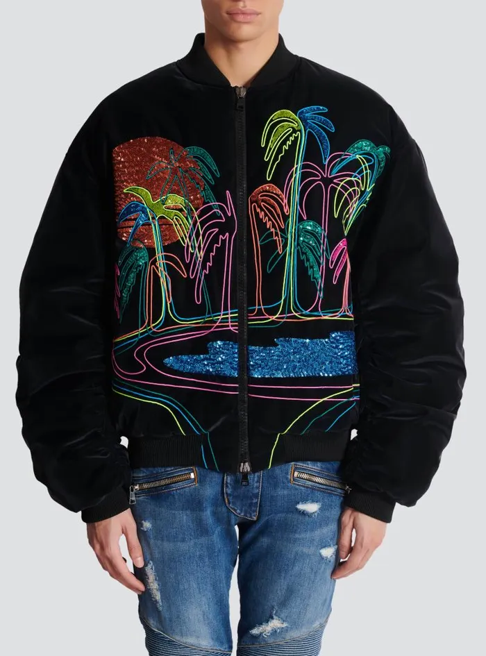 Balmain Outerwear Men Bomber Jacket With Palm Tree Embroidery Black