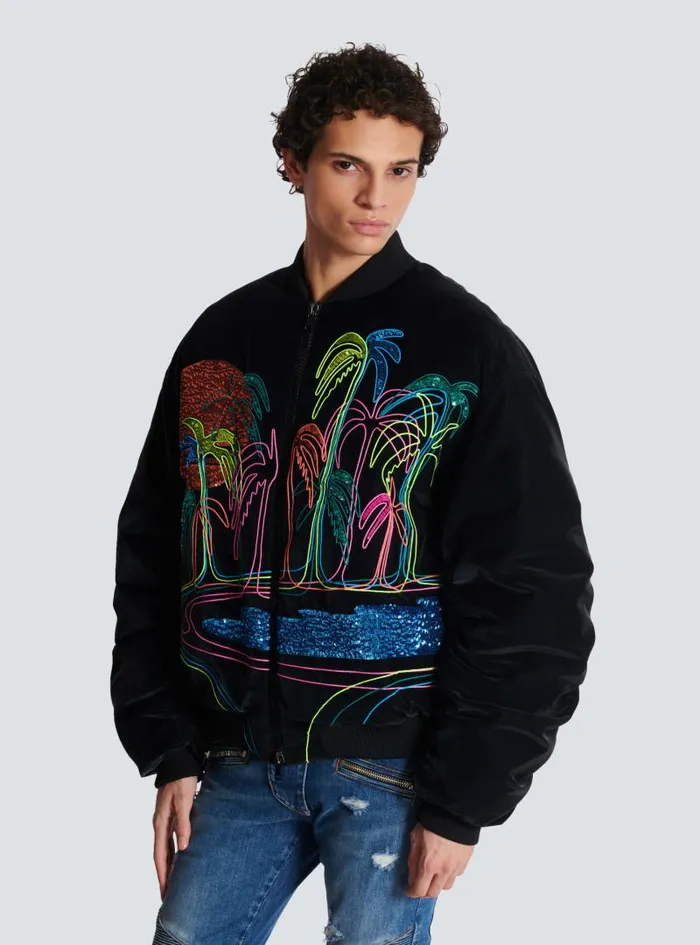 Balmain Outerwear Men Bomber Jacket With Palm Tree Embroidery Black