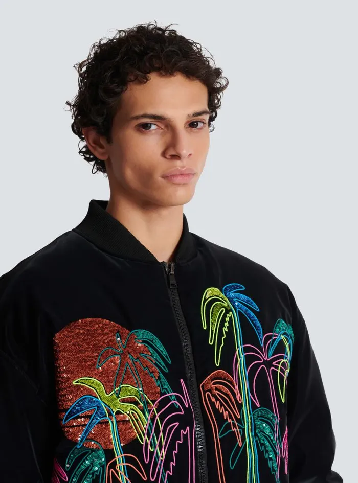Balmain Outerwear Men Bomber Jacket With Palm Tree Embroidery Black